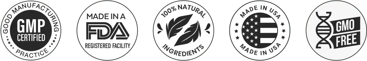 SlimTide quality marks: GMP certified, made in an FDA-registered facility, 100% natural ingredients, made in USA, GMO free